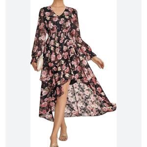 Grace Karin Size Small NWT Black Floral Chiffon Hi-Low Dress Long Sleeve Fairy
